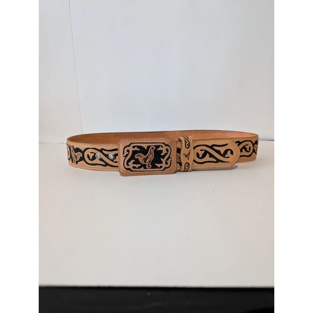 Western Belt Rooster Gallos Piteado Vaquero Style Mexican Size 40 Tan